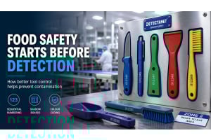 Metal detectable food processing tools with sequential numbering, colour coding, and organised tool control in a hygienic factory environment
