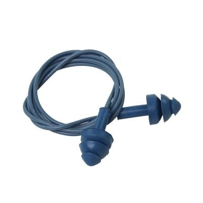 Metal Detectable Earplugs - Reusable 3 Flange with Cord - Blue - SNR 22db (pack of 200 pairs)
