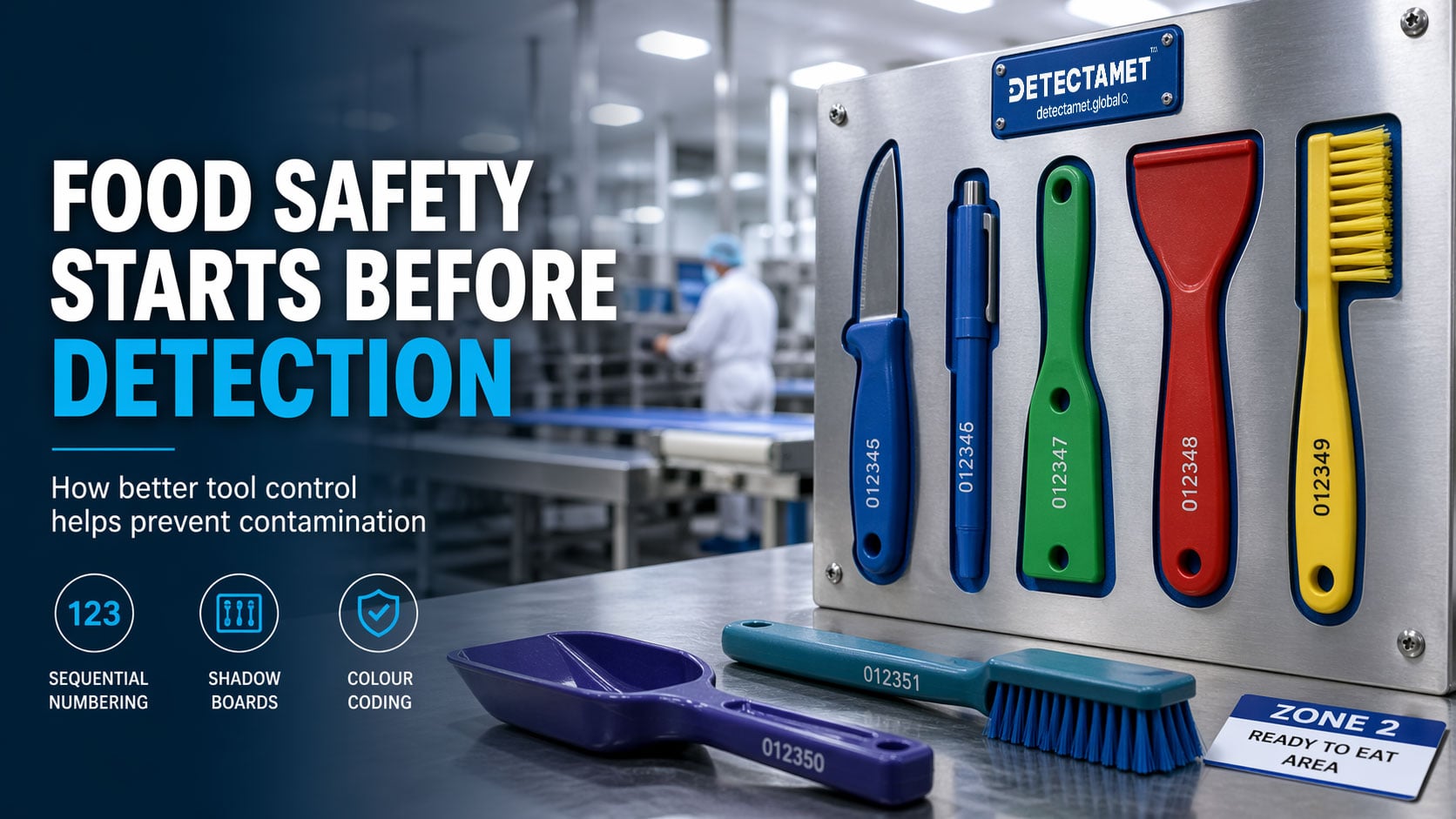 Metal detectable food processing tools with sequential numbering, colour coding, and organised tool control in a hygienic factory environment